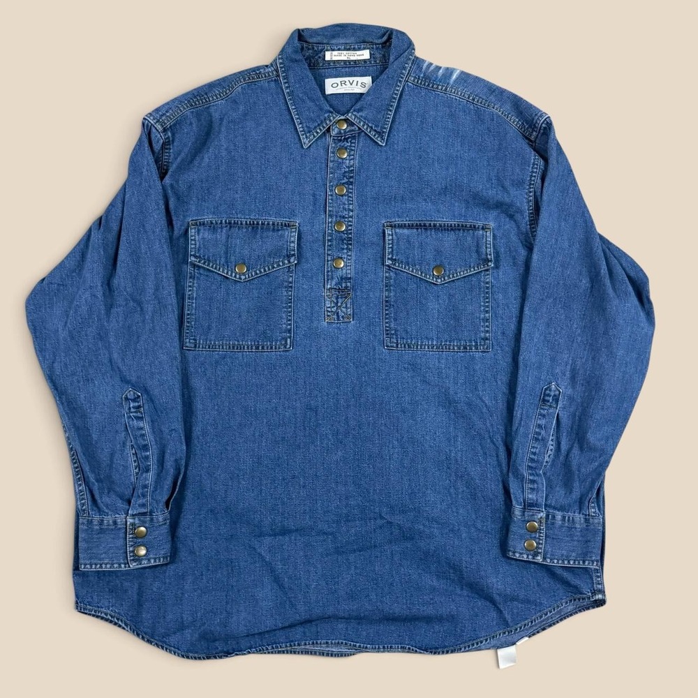 Vintage Orvis Denim Popover Shirt XL Long Sleeve Half Snap Light wear